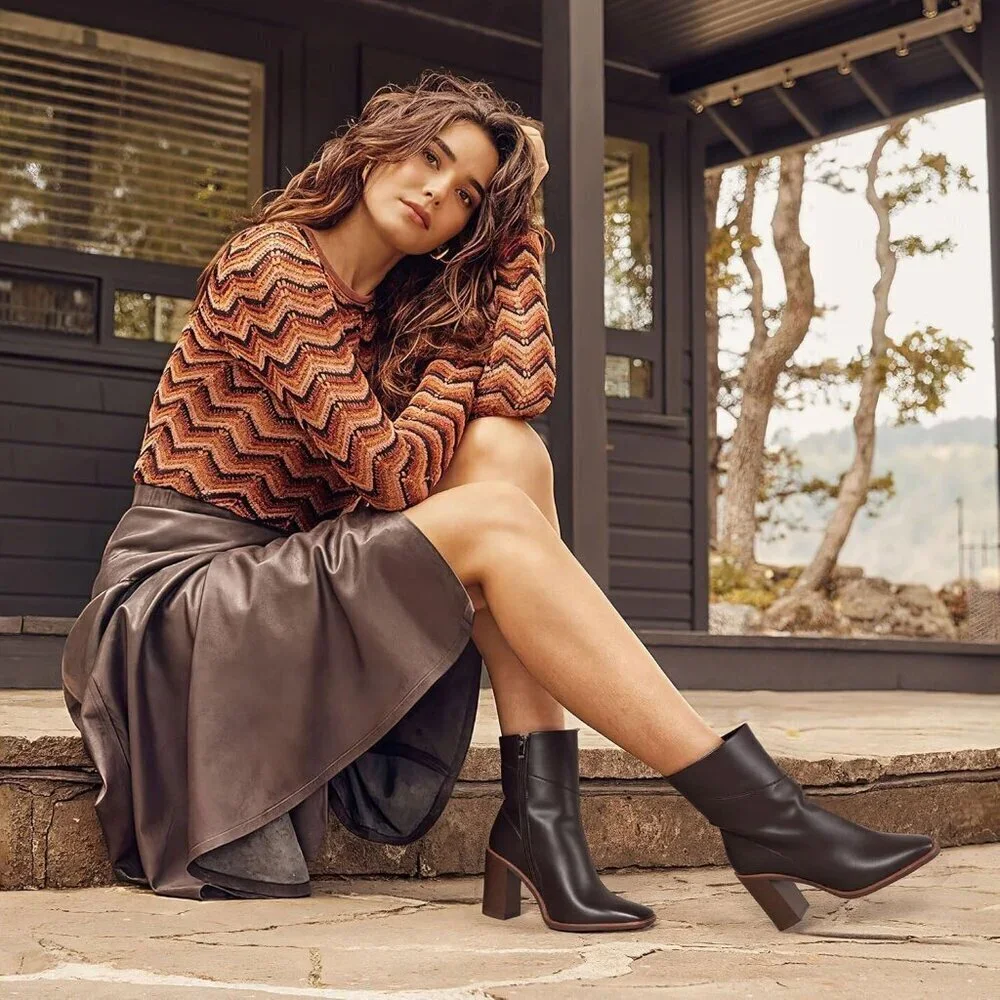 Women's Brown Ankle Boots Chunky Heel Square Toe Side Zipper Casual Booties